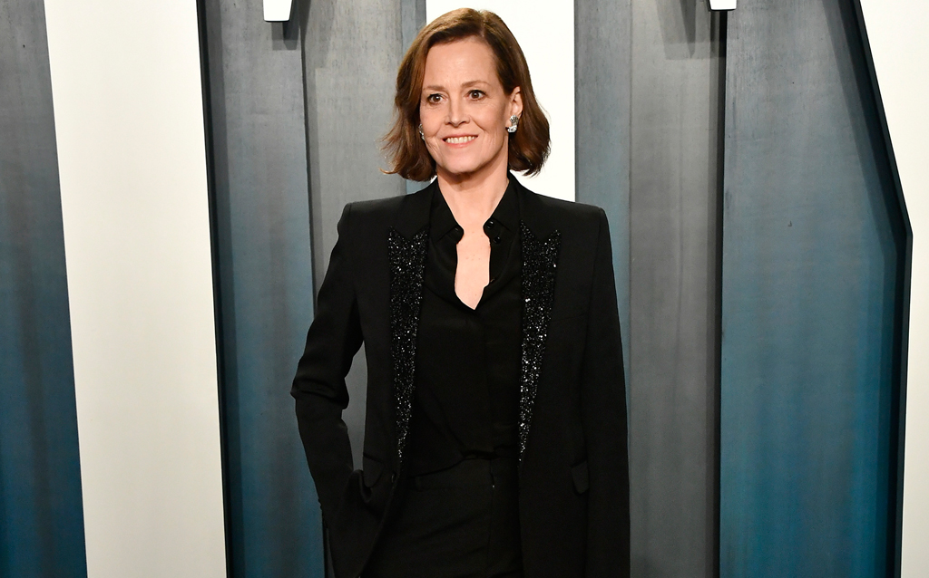 Sigourny Weaver in Saint Laurent by Anthony Vaccarello suit 