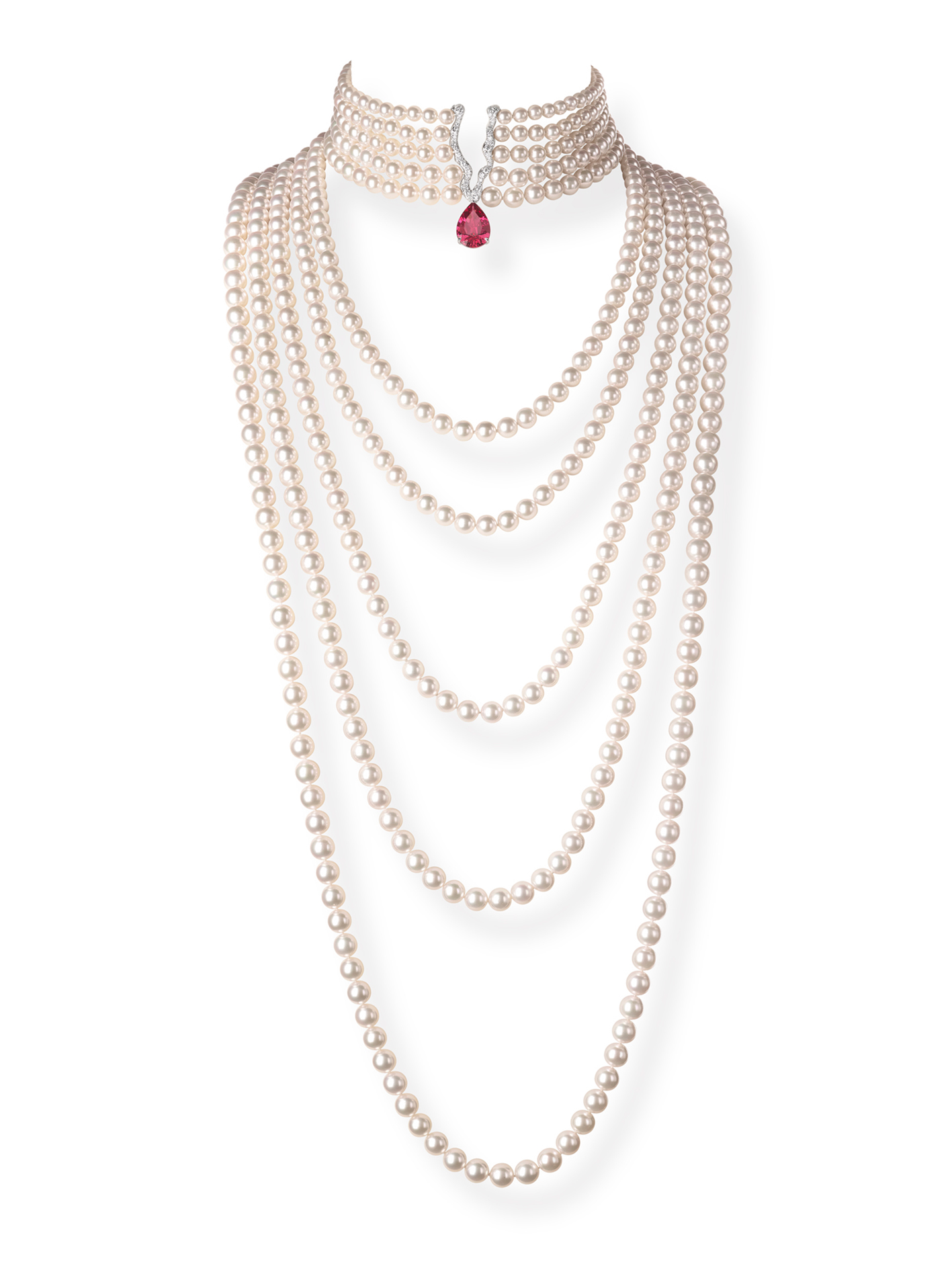 AKOYA PEARL NECKLACE SET WITH DIAMONDS AND A 13-CARAT PEAR-SHAPED RED SPINEL BY CHOPARD