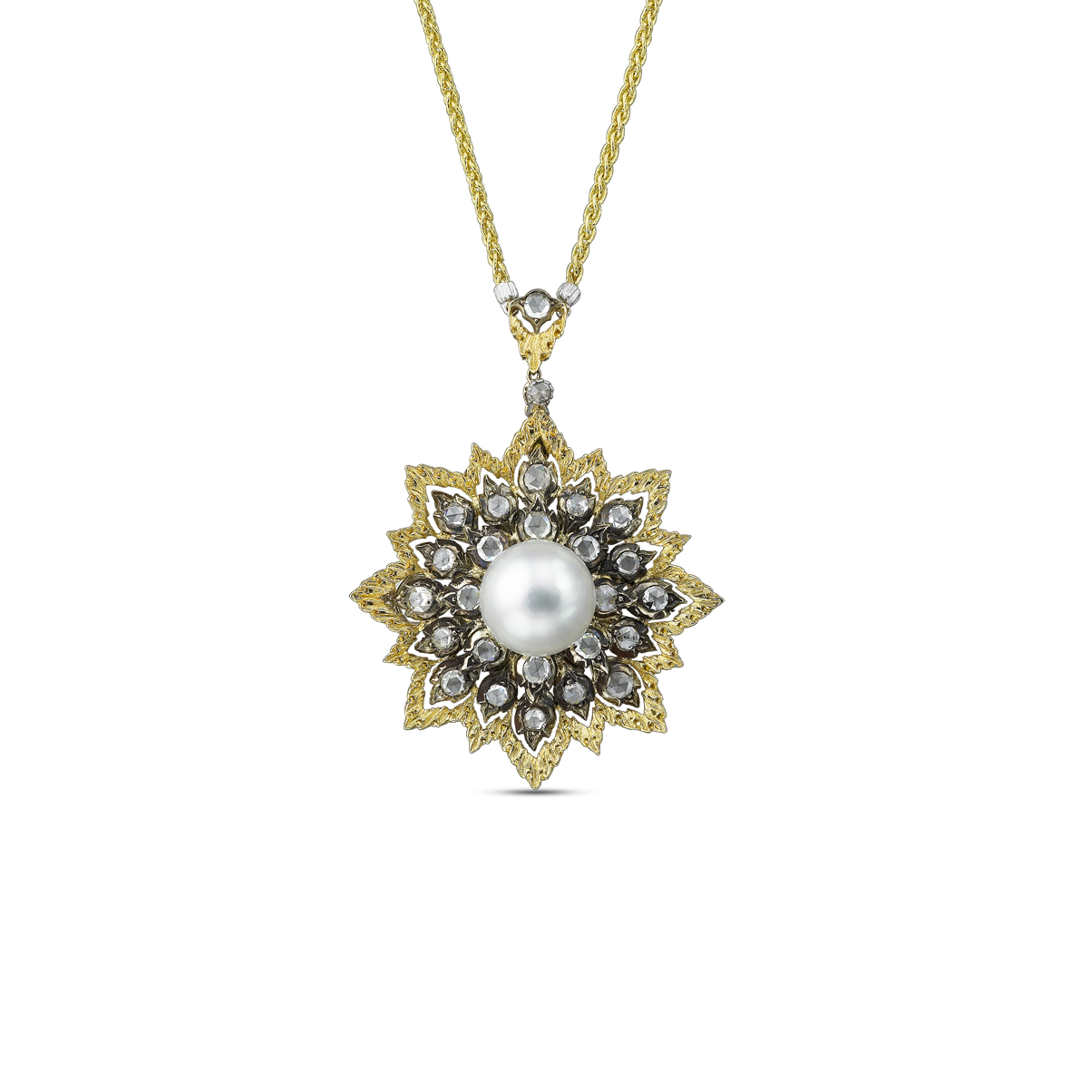 COCKTAIL PENDANT IN SILVER AND GOLD SET WITH 26 ROSE CUT DIAMONDS( 4,44 CT.) AND 1 ROUND PEARLS (23,8) BY BUCCELLATI