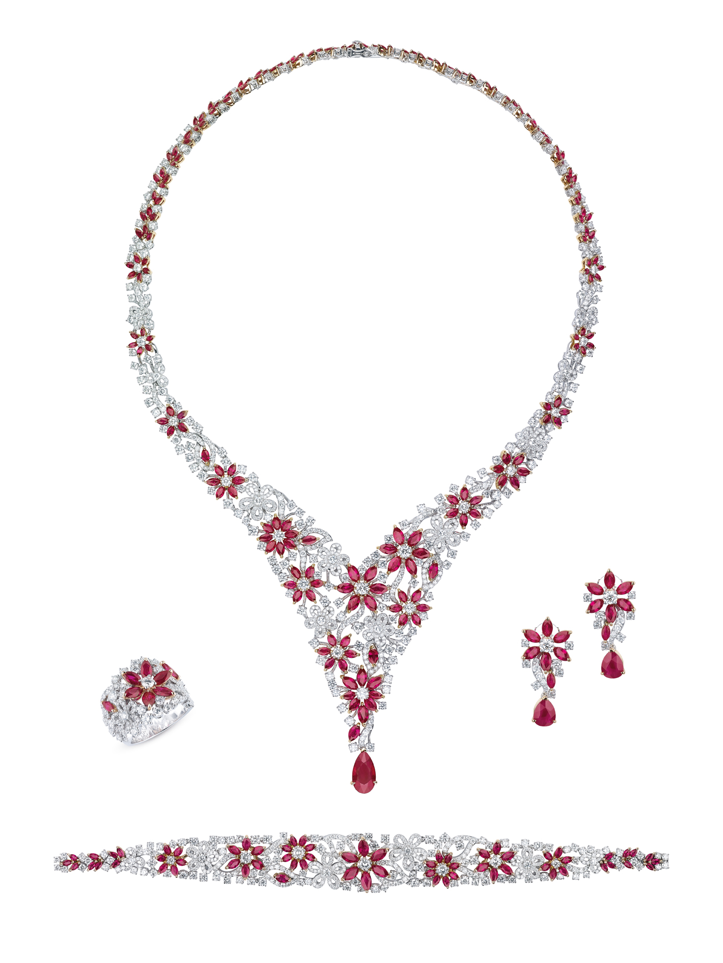 18-KARAT (750) WHITE AND ROSE GOLD NECKLACE, BRACELET, EARRINGS, AND RING SUITE SET WITH DIAMONDS AND RUBIES BY MOUAWAD