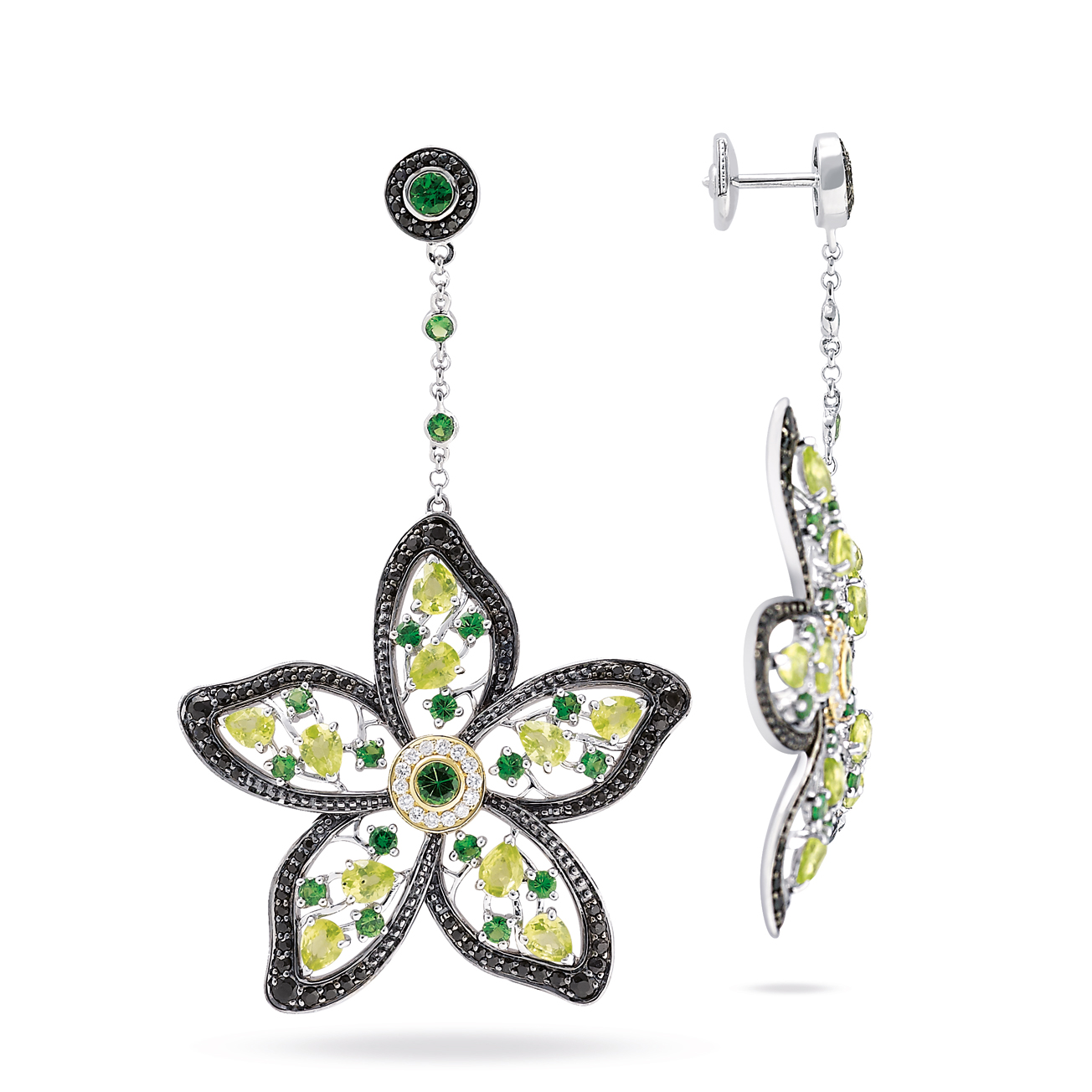 PAPILLON EARRINGS WITH PERIDOTS, TSAVORITE, BLACK SAPPHIRES AND DIAMONDS BY MOUAWAD