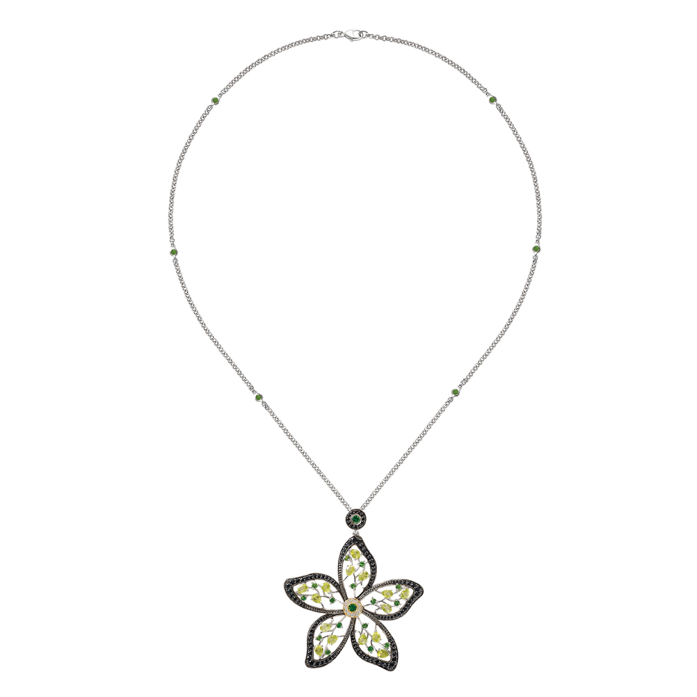 PAPILLON PENDANT WITH PERIDOTS, TSAVORITE, BLACK SAPPHIRES AND DIAMONDS, WITH 18’’ TSAVORITE BY THE YARD CHAIN BY MOUAWAD