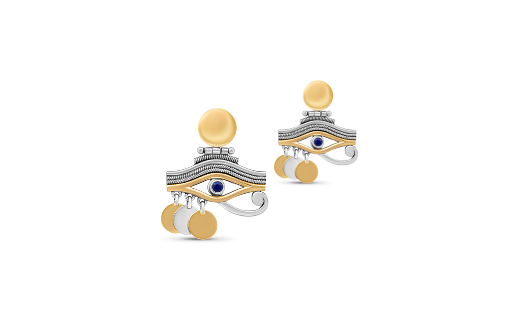 The ancient Egyptian symbol of protection is the focus of these 18kt Gold and Sterling Silver Eye of Horus Earrings, adorned with Lapis by Azza Fahmy
