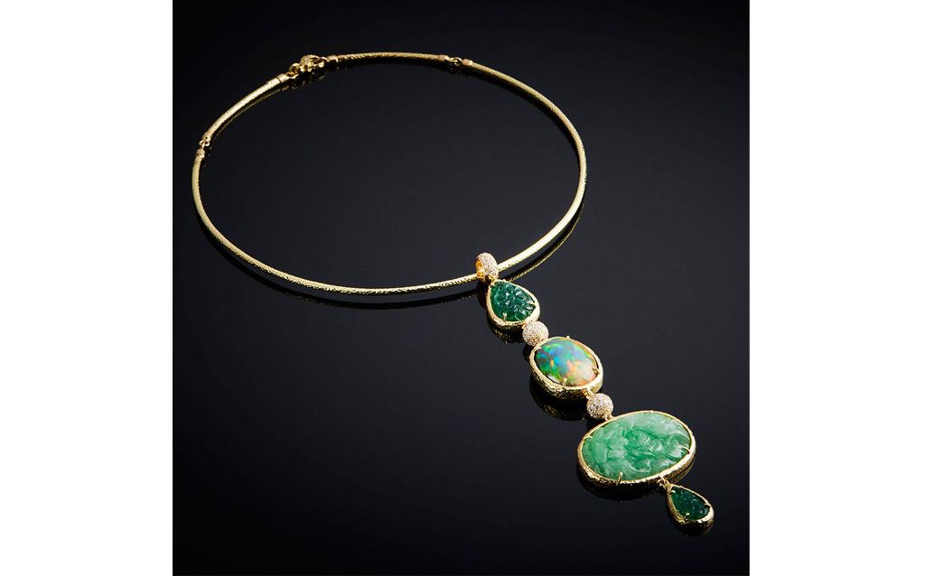 “Amuleto” necklace with Burmese Jades and Emeralds by Veschetti