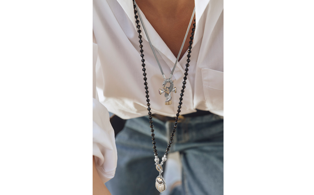 Scarab necklace and Key of Life necklace by Azza Fahmy