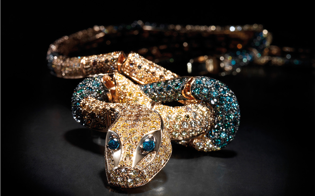 Necklace in Rose Gold 18 kt setting Blue, Yellow and Brown Fancy Diamonds by Paolo Piovan