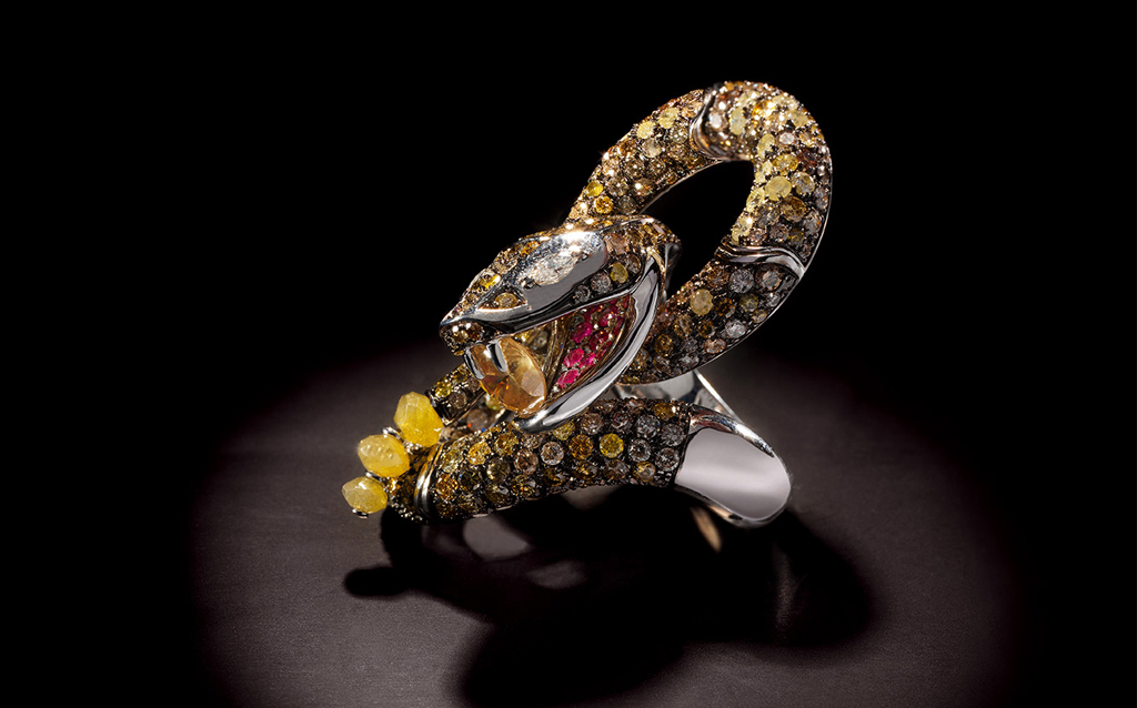 Ring in White Gold 18 kt setting Yelloww and Brown Fancy Diamonds and Rubies by Paolo Piovan