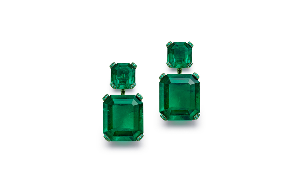 Titanium earrings set with two octagonal-cut 25.6 and 25.2-carat emeralds, two 6.4 and 6.3-carat emeralds and brilliant cut Colombian emeralds 