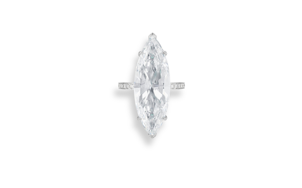 White gold ring set with a marquise-cut 14.3-carat diamond and brilliant-cut diamonds