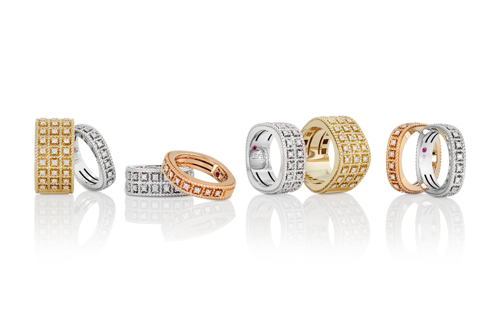 Rose, white and yelow gold rings with white diamonds