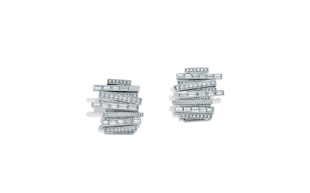 Tiffany & Co. Earrings in platinum with baguette and round brilliant white and rare fancy gray diamonds, over seven total carats