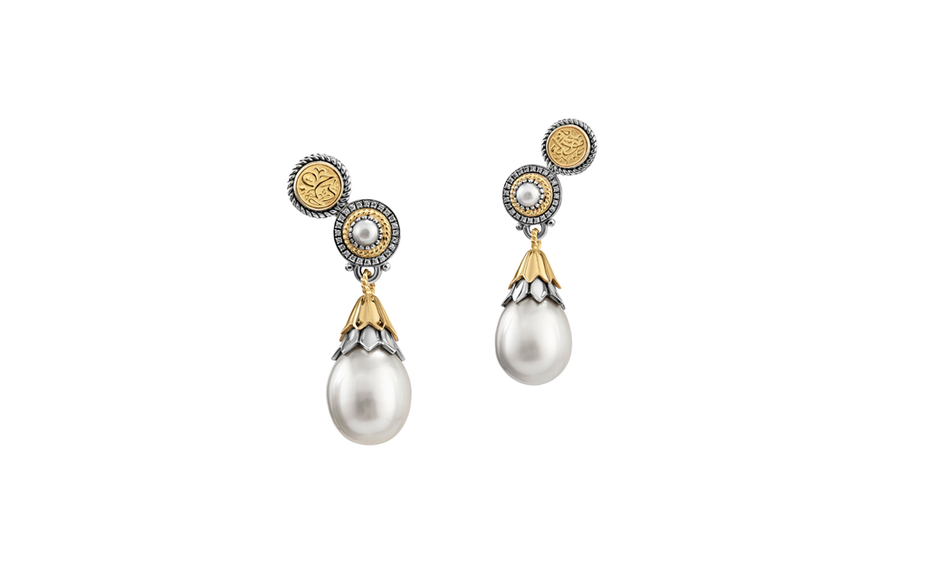 18Kt Gold and Sterling Silver Ear Climber Earrings Adorned with South Sea Pearls and Inscribed with Love