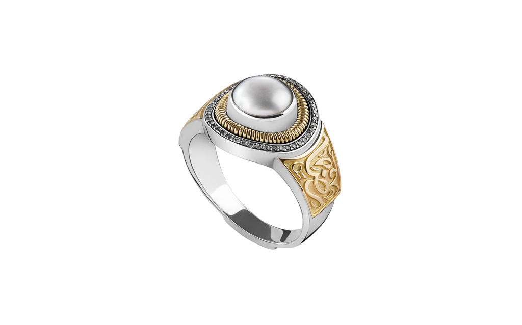 18Kt Gold and Sterling Silver Ring Inspired by a Vintage Indian Men's Ring Adorned with South Sea Pearls and Diamonds and Inscribed with Love