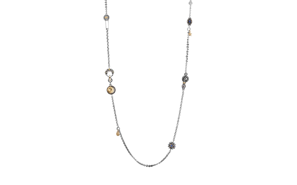 18 Kt Gold and Sterling Silver Charms Chain Necklace with different Symbols Adorned with Precious and Semi Precious Stones