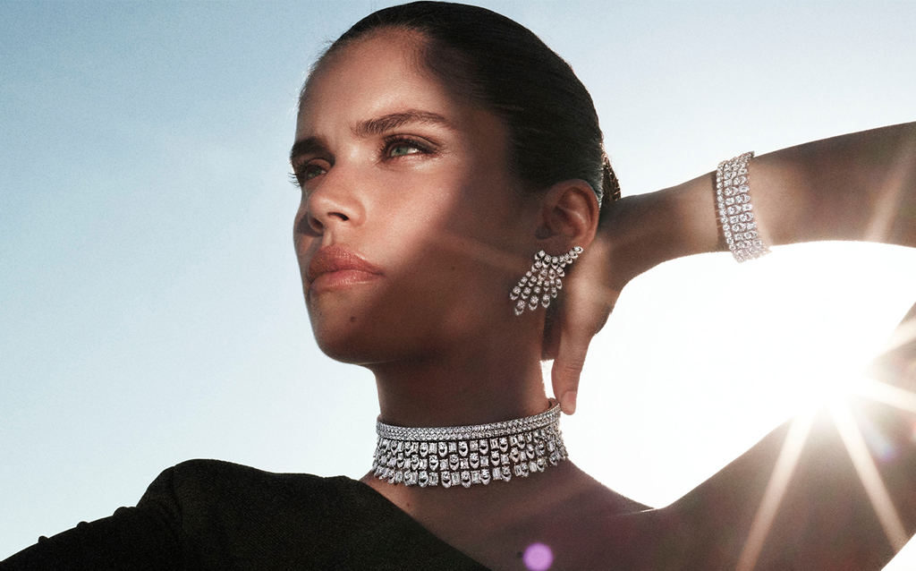 Model wears Tribal collection diamond necklace by Graff