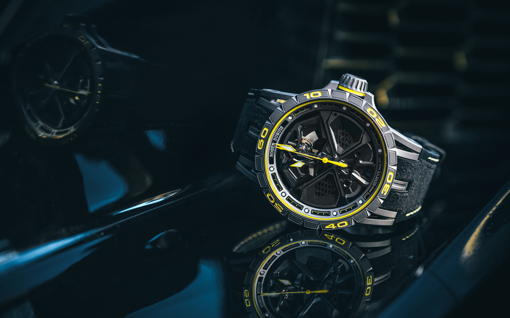 Roger Dubuis Excalibur Huracàn Performante.  Roger Dubuis collaboration with and Lamborghini’s Squadra Corse motorsport division continues in 2019. The Excalibur Huracàn Performante is a new edition inspired by motor racing design, from its aesthetic down to its inner workings. The hexagonal shape that features in the supercar’s design is present in the openworked dial, while the RD630 movement with a 12° inclined balance wheel mimics Lamborghini’s trademark aesthetic. 