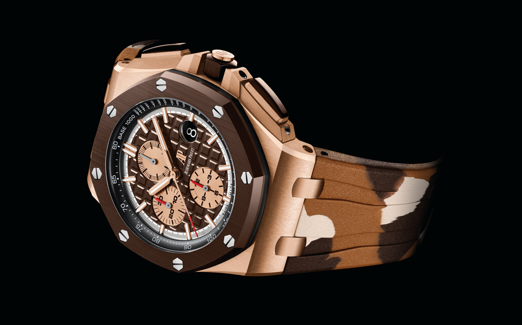 The Audemars Piguet 2019 Royal Oak Offshore collection.  Audemars Piguet added three new Royal Oak Offshore Selfwinding Chronographs in camouflage colours to the Royal Oak Offshore collection.These new 44mm chronographs which combine ceramic bezel, push-pieces and screw-locked crown, Méga-Tapisserie dial and robust rubber straps.  While the blue and green ceramic models feature a stainless steel case, the brown ceramic model – a first for Audemars Piguet – is endowed with a pink gold case that n
