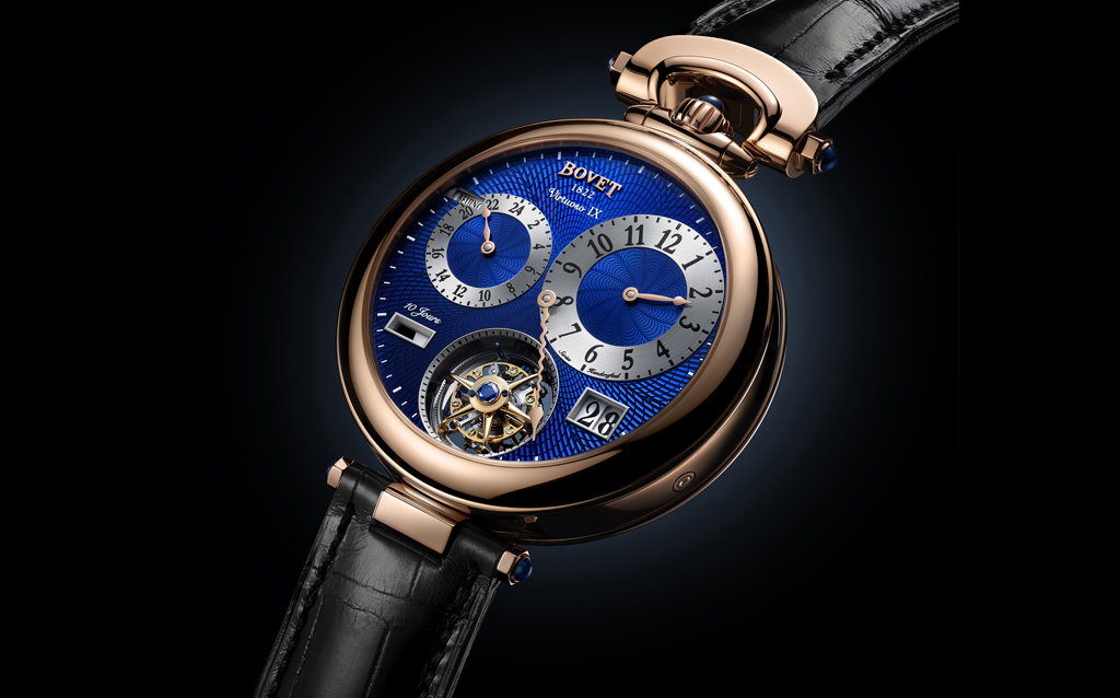 Virtuoso IX by BOVET 1822.  The the Tourbillon Amadéo® Fleurier Virtuoso IX is a new icon from BOVET 1822. The 46.30-mm diameter Fleurier Amadéo® convertible case houses a new caliber . Only the minute hand is centered on the dial. The hour hand is offset at 2 o’clock. A second hour hand is positioned at 10 o’clock, making the reasoning behind the separate hand-fitting clear. This 24-hour hand displays a second time zone. Both local time and the secondary time zone thus share the minute hand. 
